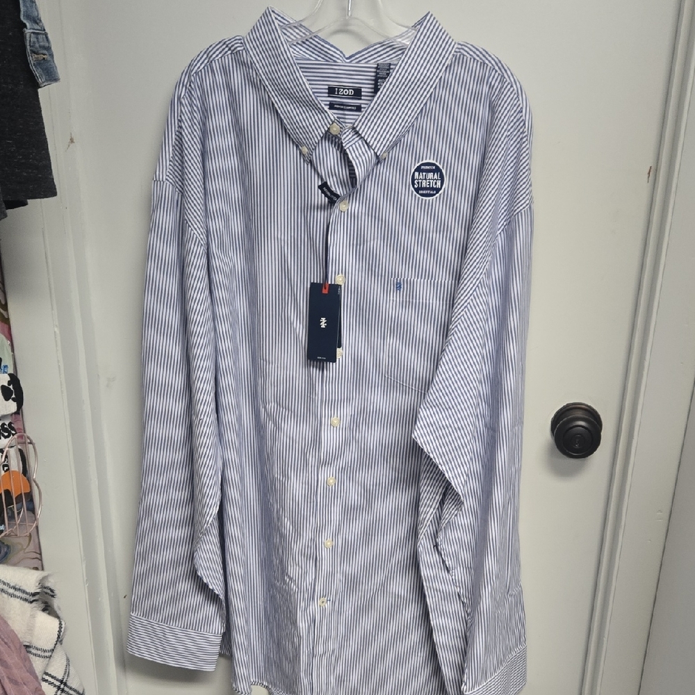 Izod Men's White and Blue Striped Button Down Shirt